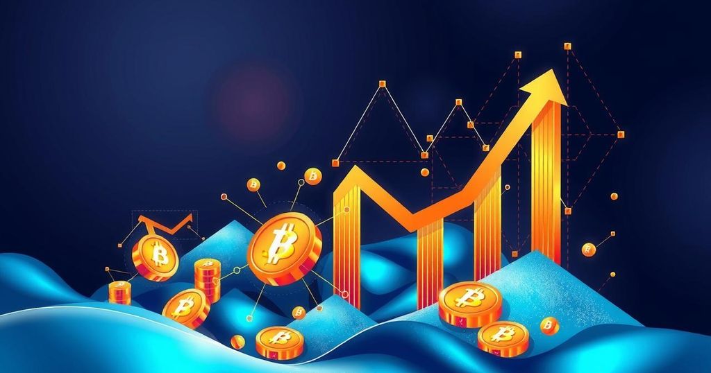 A vibrant abstract representation of Bitcoin's market resurgence with upward trends and digital motifs in blue and gold.