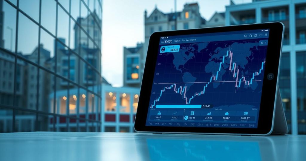 A sleek cryptocurrency exchange platform on a digital device with a backdrop of modern UK architecture.