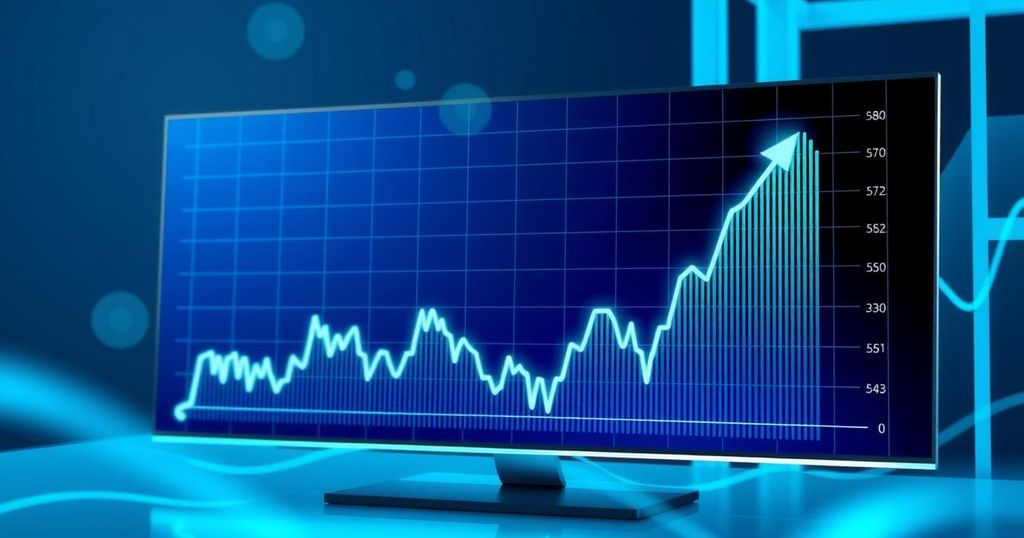 A vibrant upward trend graph representing Bitcoin prices with a blue and green colour scheme in a digital art style.