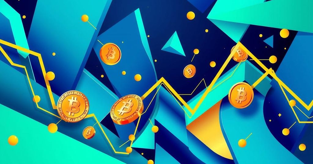 A dynamic digital art piece reflecting cryptocurrency volatility, featuring vibrant colours and abstract geometric shapes.