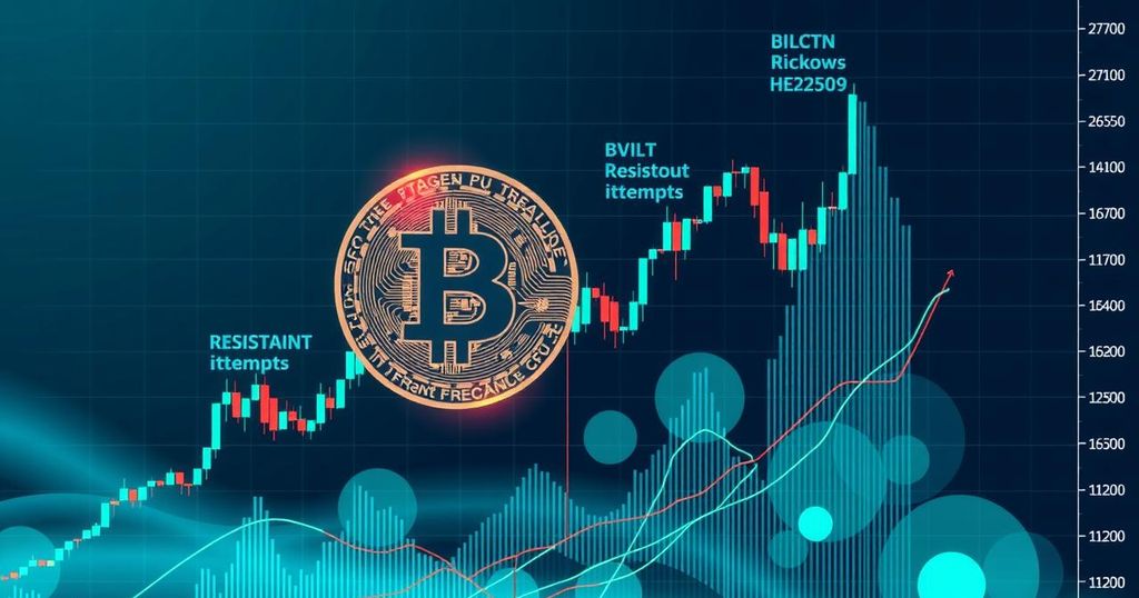 A dynamic Bitcoin chart showcasing upward trends and resistance levels in vibrant blue and green hues.