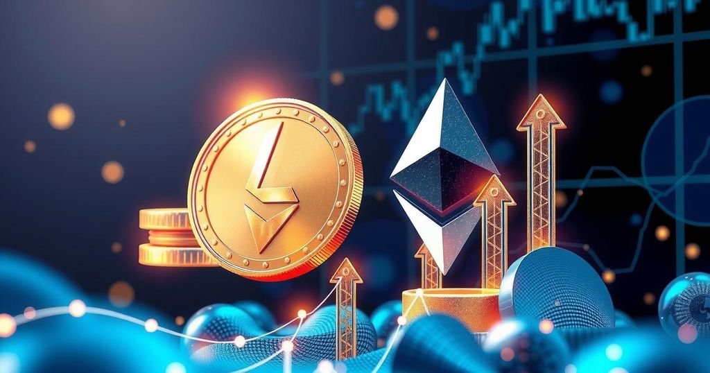 A vibrant digital art piece showcasing cryptocurrency symbols and rising charts in a futuristic style with blue and gold tones.