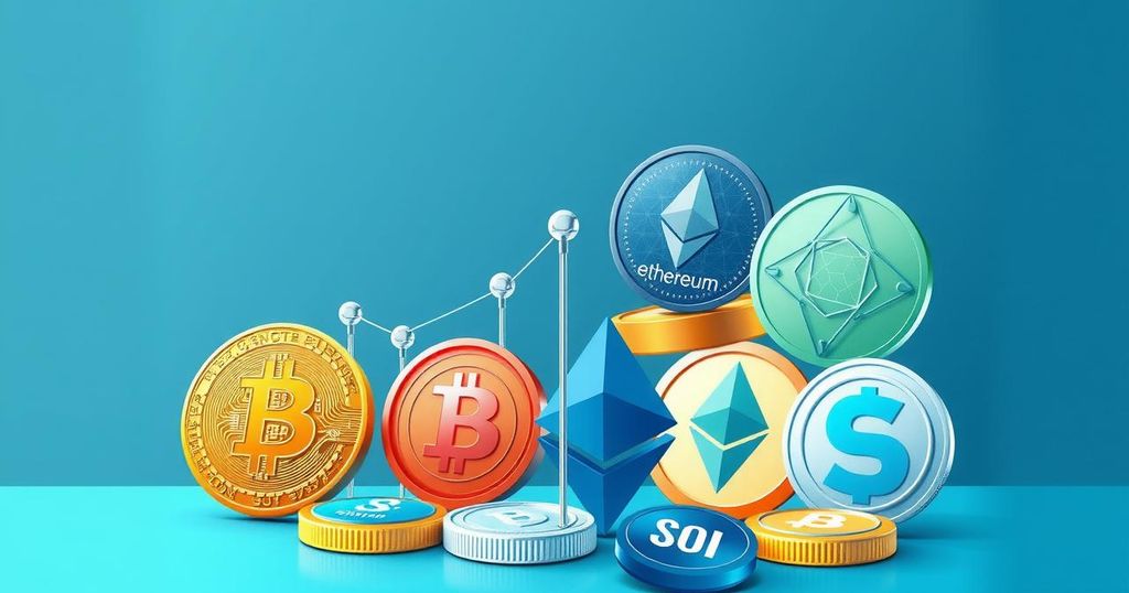 A digital representation of various cryptocurrencies symbolising corporate finance potential.