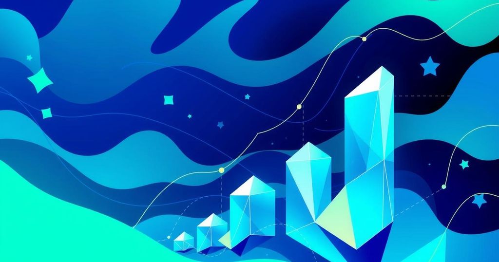Abstract representation of cryptocurrency growth with geometric shapes and vibrant colours symbolising technology progress.