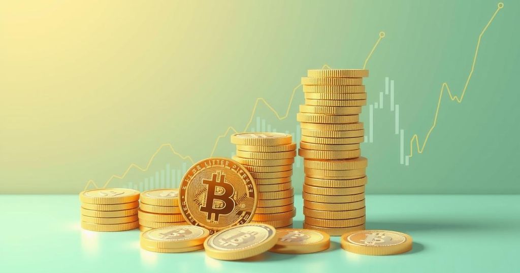 A digital representation of Bitcoin's rise, featuring gold coins stacked with fluctuating graphs in a soft colour palette.