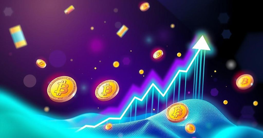 A vibrant digital illustration of Bitcoin's price surge with ascending charts and abstract crypto elements.