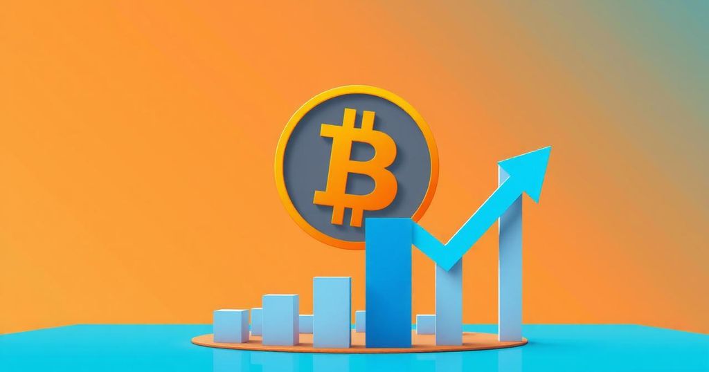 A stylized graphic of a Bitcoin with arrows indicating growth, set against a vibrant gradient background.