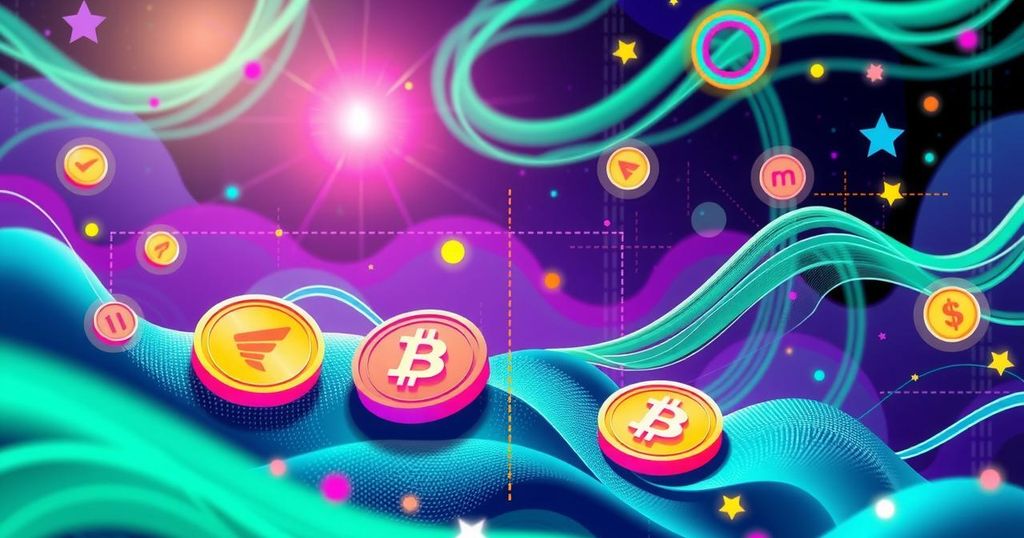 Vibrant crypto scene with meme coin symbols and abstract financial elements in a dynamic digital style.