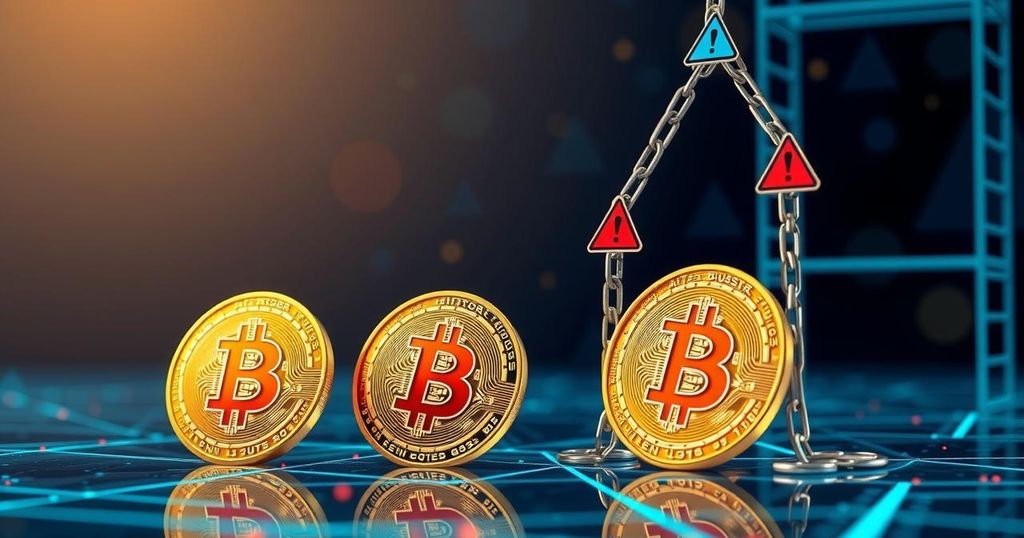A symbolic artwork depicting Bitcoin and blockchain icons with cautionary visuals implying legal complexity.