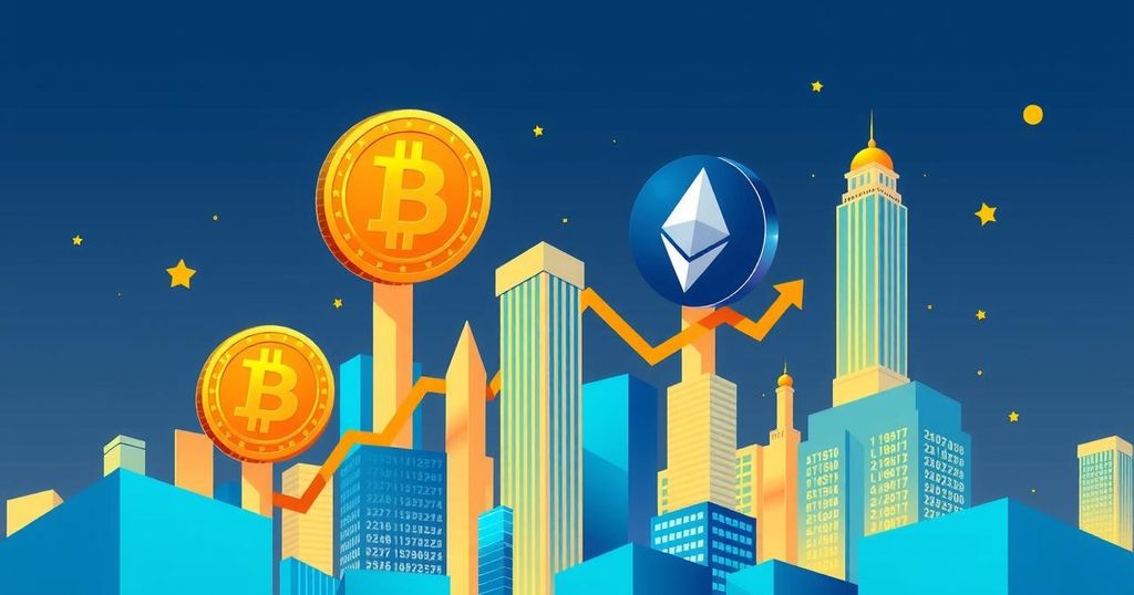 Illustration of cryptocurrencies rising with symbols of Bitcoin and Ether amidst a futuristic cityscape in vibrant colours.