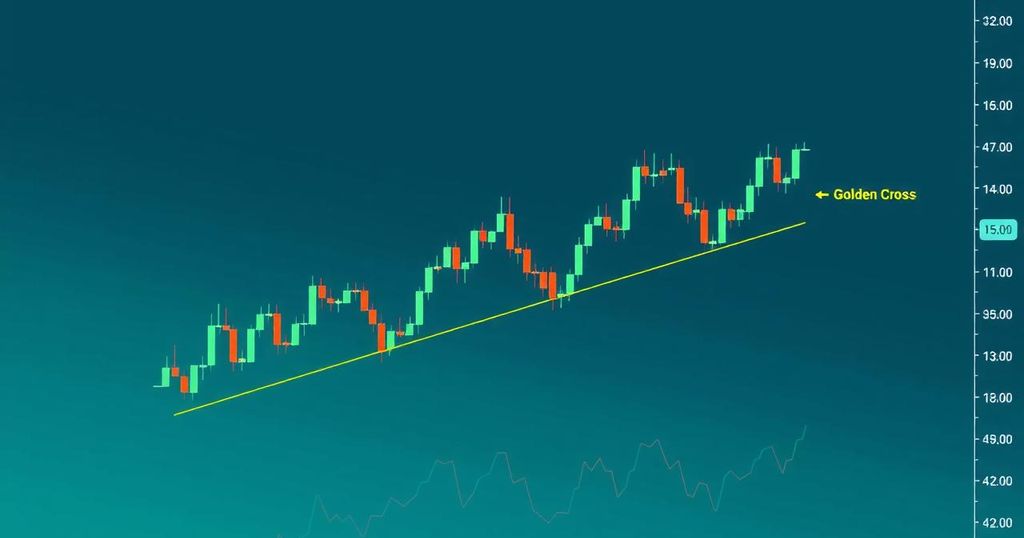 A digital chart illustrating a candlestick analysis of Ethereum's price with moving averages and market trends.