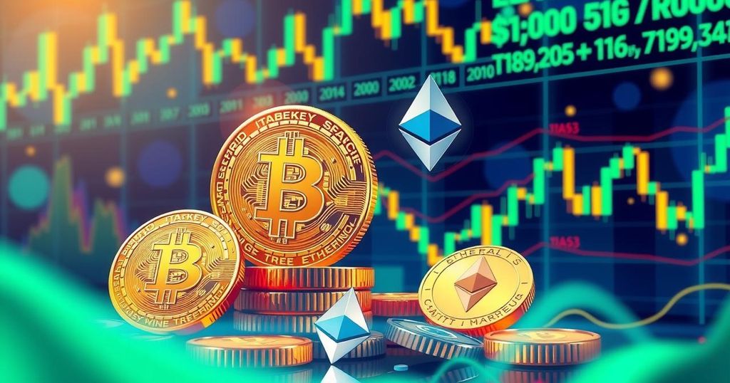 A digital illustration depicting a cryptocurrency market scene, with Bitcoin and Ethereum icons. Bright colours represent volatility.
