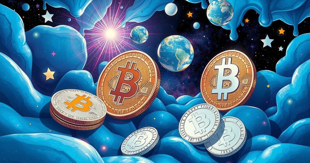 A dynamic digital artwork depicting Bitcoin and silver in a cosmic clash, highlighting growth and stability concepts.