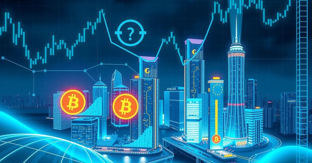 A futuristic cityscape with digital elements symbolising Bitcoin's growth, in vibrant blues and greens.