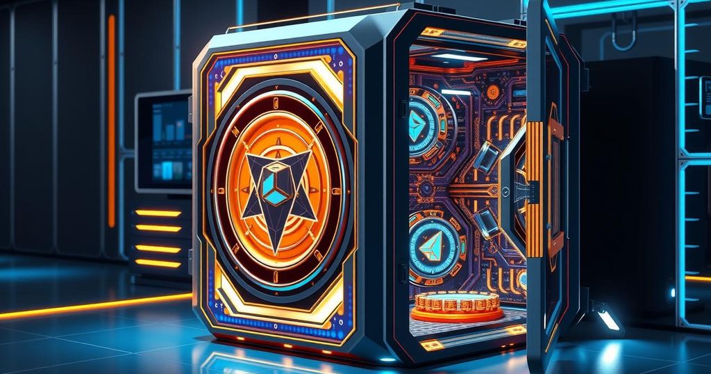 A futuristic digital vault symbolizing secure crypto storage, featuring gold and blue hues, inspired by modern design.