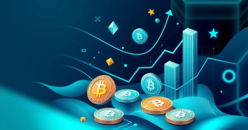 A vibrant representation of cryptocurrency growth with abstract coins and digital finance symbols amidst a tech-inspired landscape.