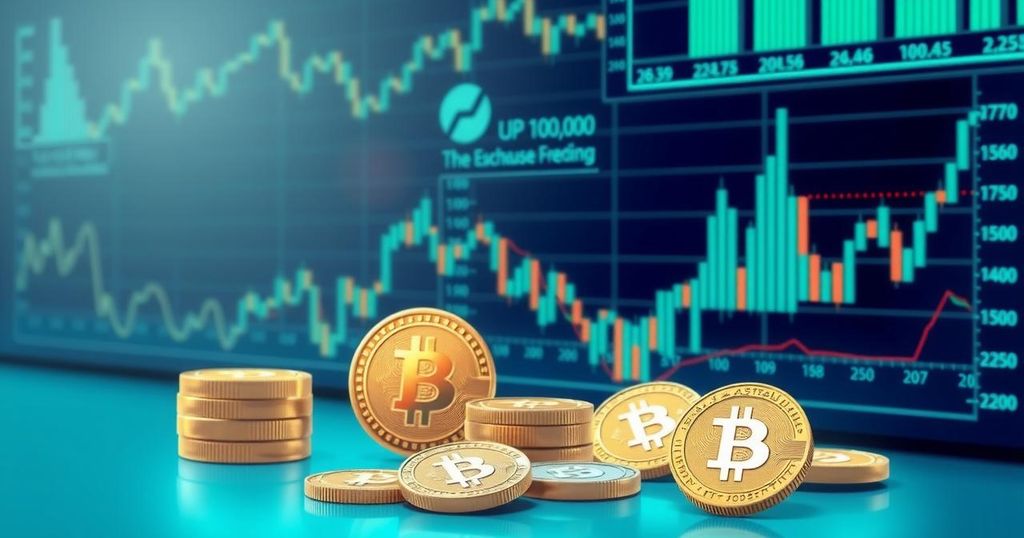 A digital representation of a cryptocurrency exchange with coins and charts in calm blue and green tones, illustrating market activity.