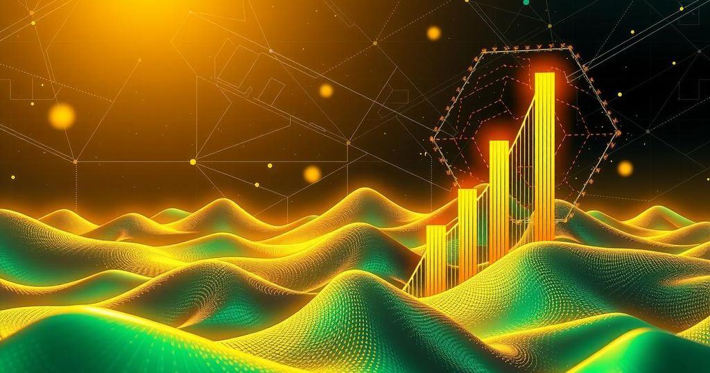 Abstract representation of Bitcoin with rising trendline, golden and green hues, showcasing bullish momentum.