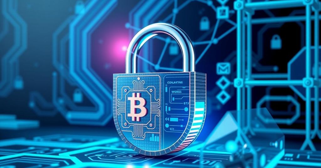 A digital padlock symbolising advanced crypto security over a futuristic tech background with blue and grey tones.