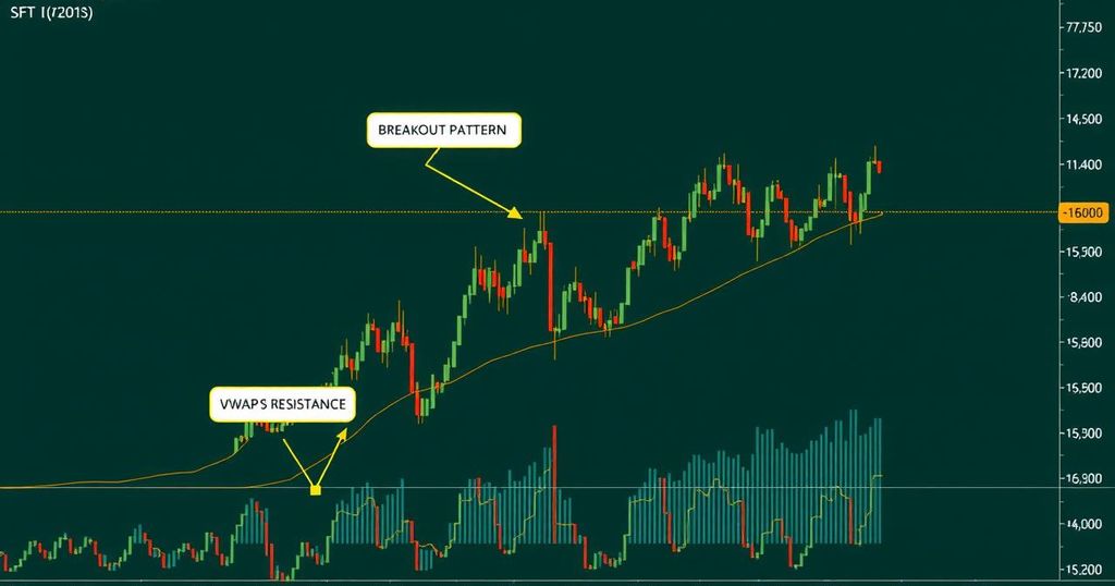 A digital illustration of a bullish Bitcoin chart with breakout patterns, VWAP annotations, and upward price trends.