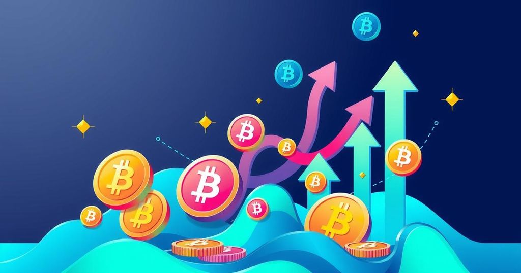 A digital graphic illustrating cryptocurrency trends with upward arrows and abstract coin symbols in vibrant colours.