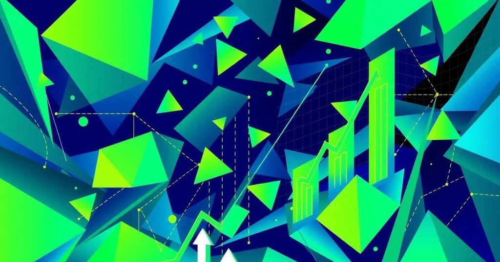 An abstract representation of cryptocurrency growth, featuring geometric patterns and vibrant hues of green and blue.