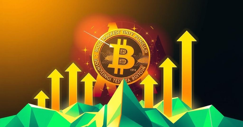 Golden bitcoin symbol surrounded by upward arrows and charts, representing market growth and investment potential.
