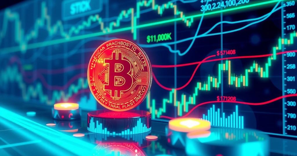Digital asset trading scene depicting Bitcoin at high values with bullish mood, in a modern, vibrant style.