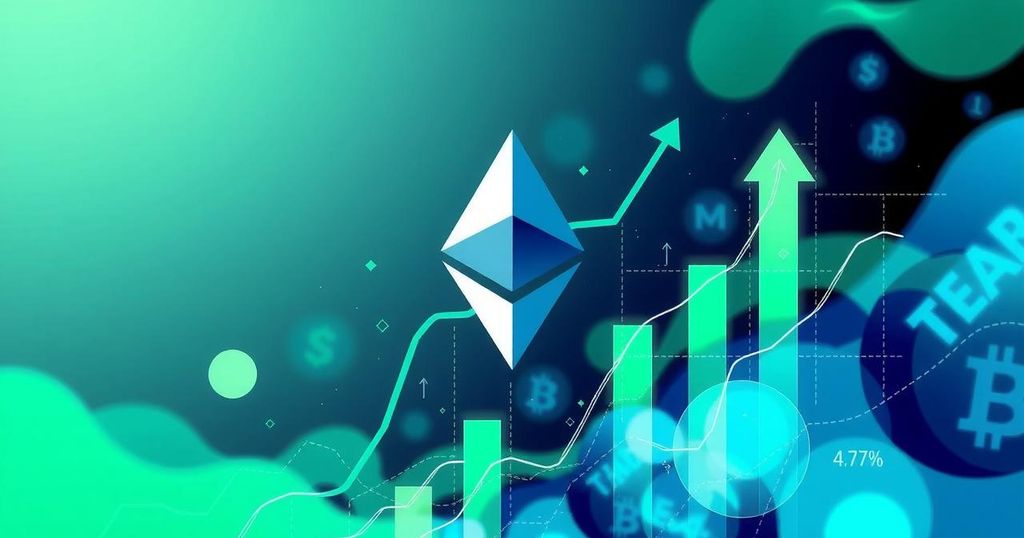 A vibrant graphic depicting Ethereum's price surge with abstract financial elements and dynamic upward trends in green and blue.