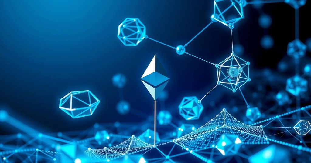 Visual representation of Ethereum's predicted growth through ETF and deflationary trends, featuring futuristic design and blue hues.