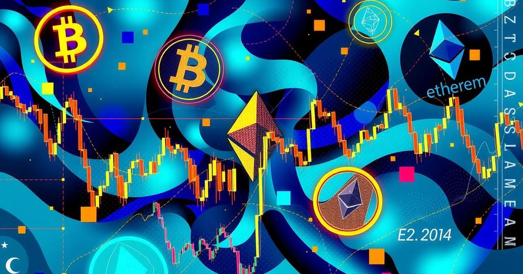 Visual representation of cryptocurrency and stock market trends with Ethereum symbols and financial charts in vibrant colours.