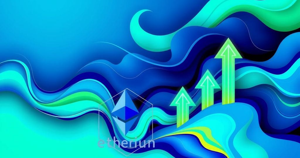 Graphical representation of bullish market sentiment with abstract upward arrows and Ethereum symbol in vibrant blue and green hues.