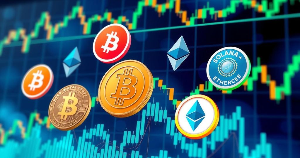 A digital representation of various cryptocurrency logos surrounded by fluctuating price graphs and indicators.