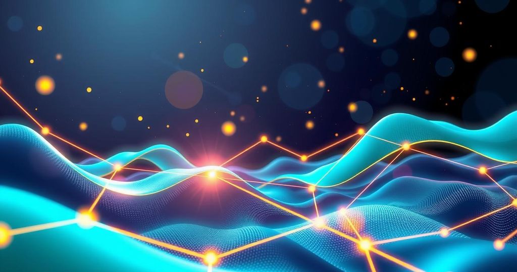 Futuristic digital landscape showcasing blockchain technology with vibrant colours and abstract patterns.