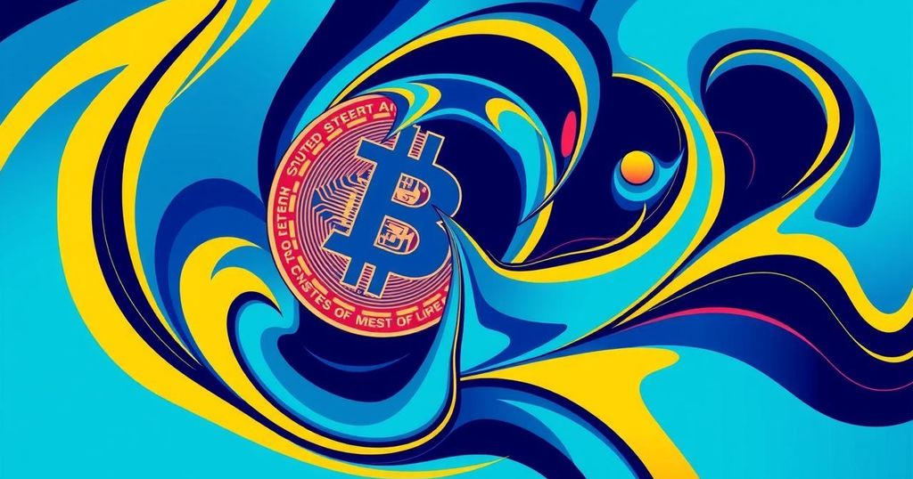 A vibrant abstract depiction representing cryptocurrency's influence in music, with swirling colours and dynamic shapes.