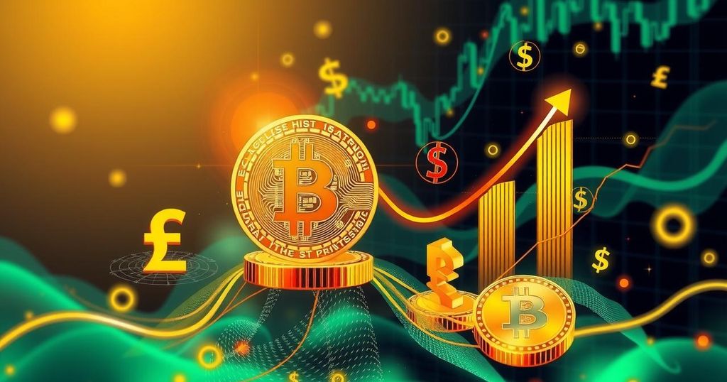 A digital illustration of Bitcoin rising with a backdrop of abstract financial charts and currency symbols.
