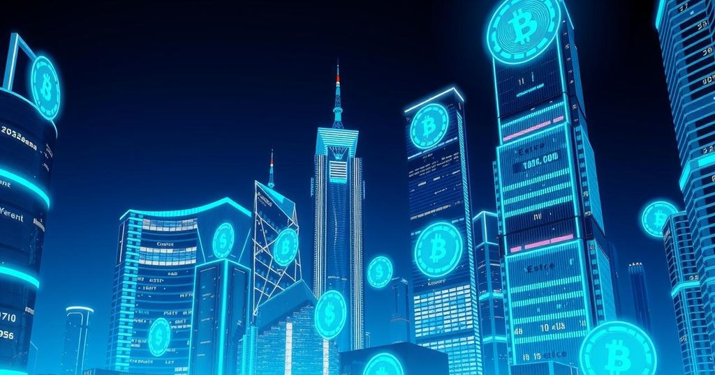 A futuristic city skyline with digital currency symbols, illustrating cryptocurrency growth and stablecoin dynamics in finance.