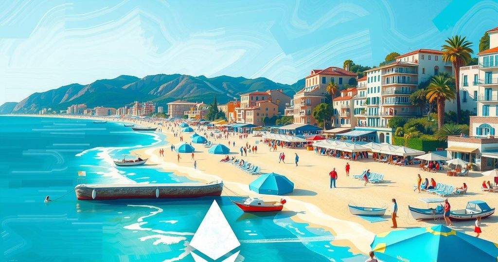 Cannes beach with Ethereum logo and festive atmosphere at Ethereum Community Conference