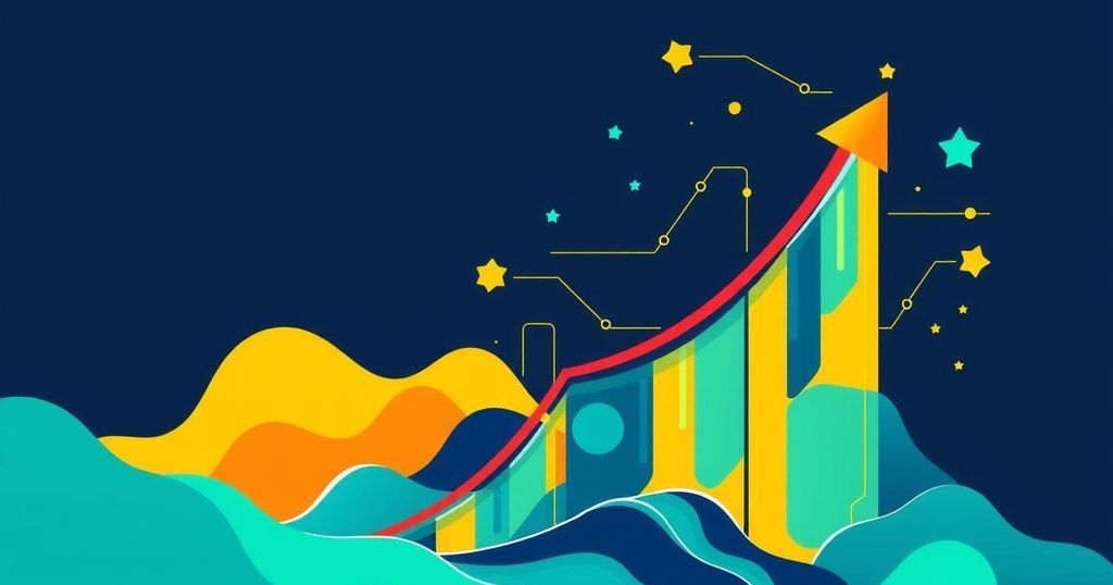 Dynamic upward graph illustrating Ethereum's speculative rally and futures market, with vibrant colours and abstract shapes.
