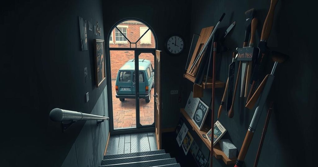 A security-themed dramatic scene featuring an empty stairwell with painter tools and a shadowy van outside.