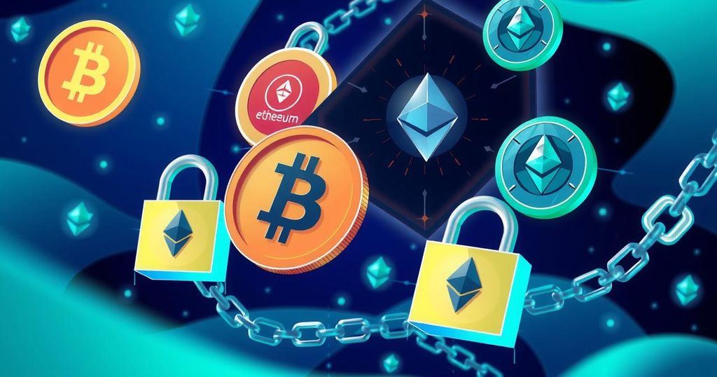 A digital representation of cryptocurrency symbols amidst a backdrop of abstract locks symbolising security breaches.