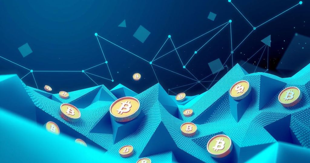 A vibrant digital landscape featuring abstract tokens with a blockchain theme, reflecting regulatory challenges in crypto.