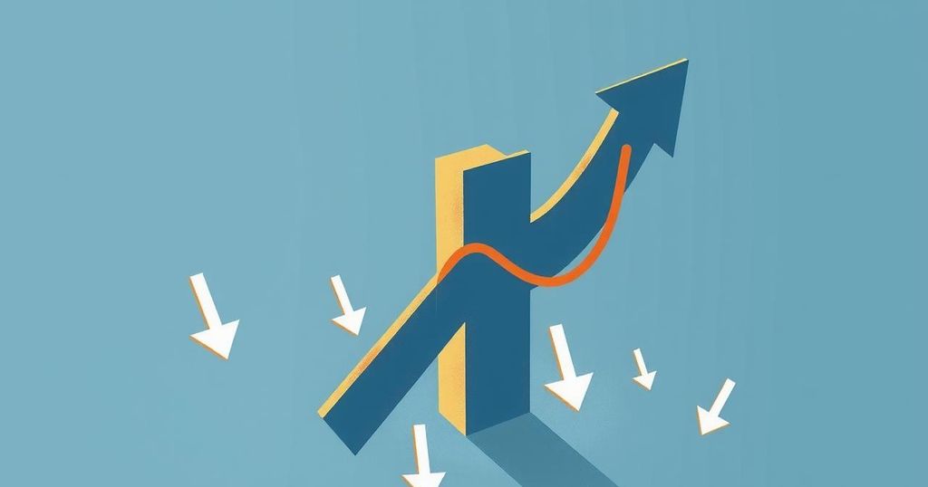 Abstract representation of cryptocurrency market decline with Bitcoin symbol, downward arrows, and muted colours.