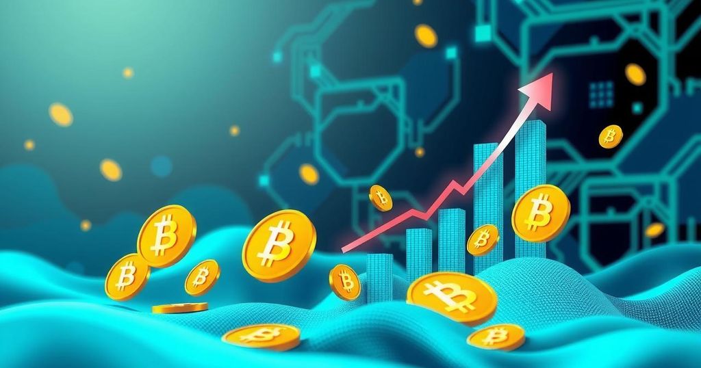 Futuristic digital landscape with ascending cryptocurrency graphs, Bitcoin symbols, and vibrant blue and green colours.