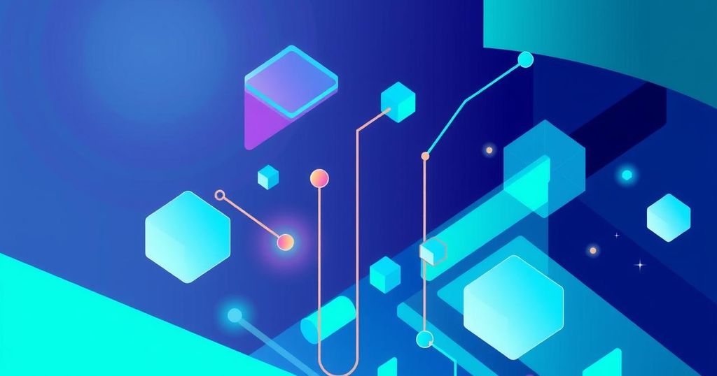 Symbolic representation of digital technology and innovation in cryptocurrency with abstract geometric shapes in blue and green.