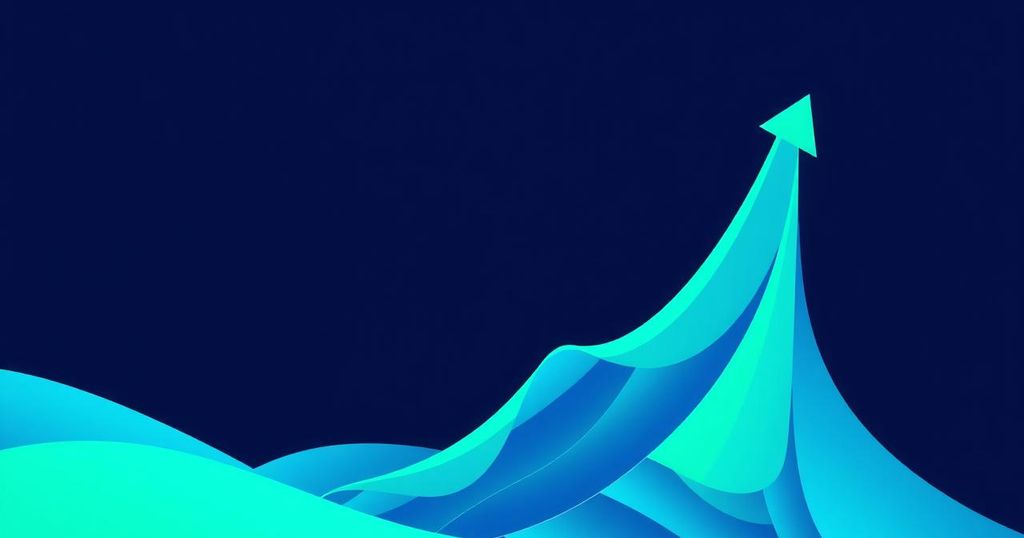 An abstract representation of a digital market with ascending graph lines and vibrant blue and green colour scheme.