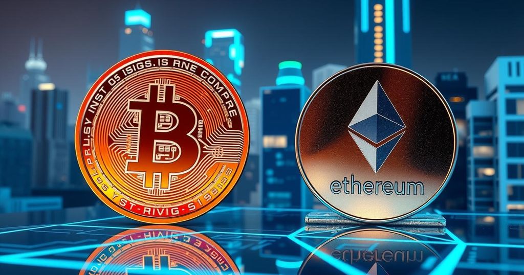 Digital representation of Bitcoin and Ethereum logos with a futuristic backdrop and vibrant colour scheme.