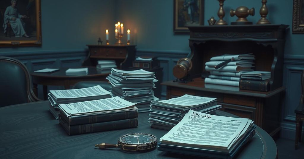 A representation of a legislative setting with books and bills stacked, illustrating the delay in crypto legislation.
