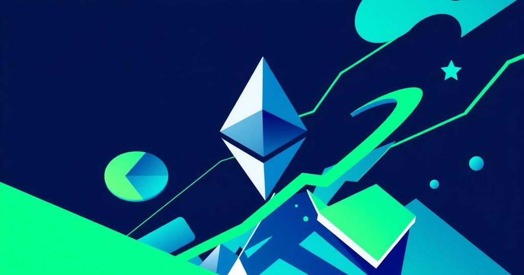 A digital artwork depicting Ethereum cryptocurrency, with vibrant blue and green colours highlighting its value and appeal.