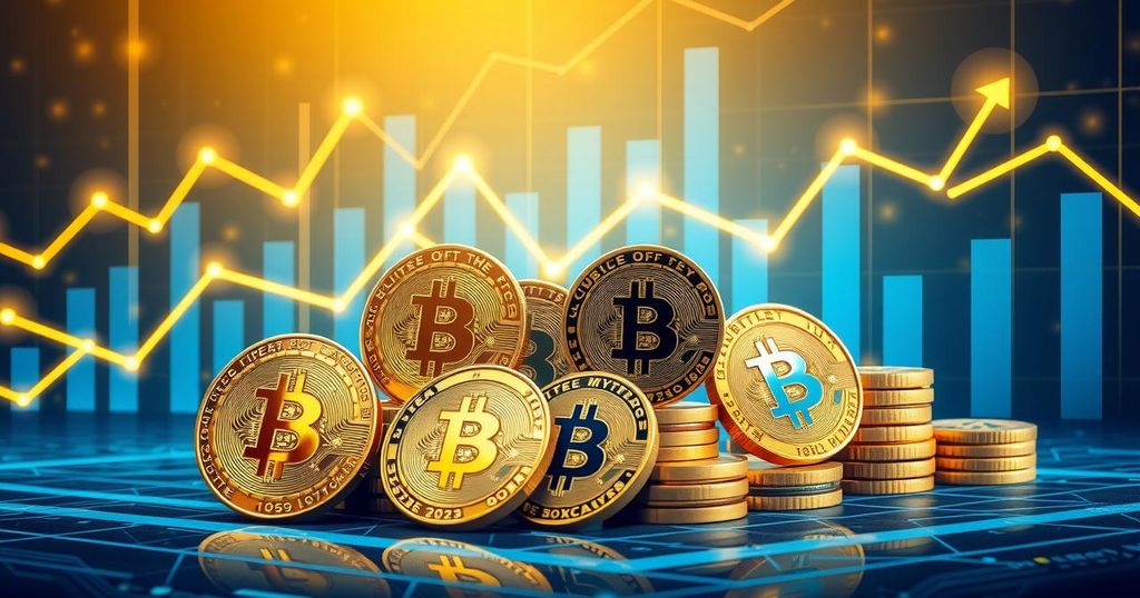 Futuristic digital art depicting cryptocurrency coins with upward trends and vibrant colours amidst an abstract financial backdrop.